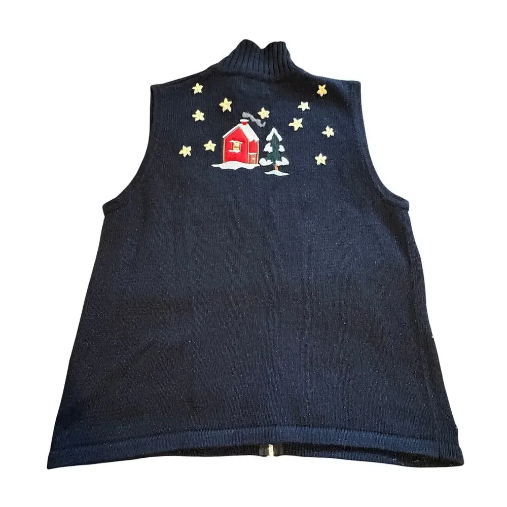 The Quacker Factory Black Embroidered Santa Christmas Reindeer Vest Ugly M